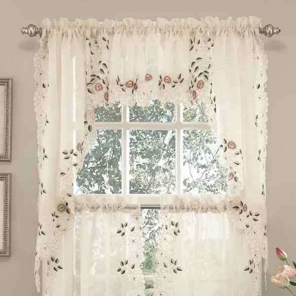 Sweet Home Collection Rosemary Floral Embroidered Semi-Sheer Kitchen Curtain Swag Pair, 36
