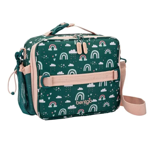Bentgo Kids' Prints Double Insulated Lunch Bag, Durable, Water-Resistant Fabric, Bottle Holder - Green Ranbow