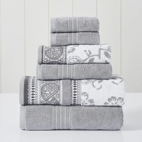Modern Threads 6 Piece Yarn Dyed Jacquard/Solid Towel Set, Ophelia, STONE.