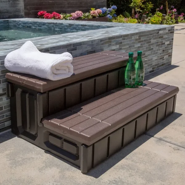 Xtremepowerus Universal 36 inch Weather Resistant Patio Deck Long Hot Tub and Spa Step with Storage Compartment, Brown
