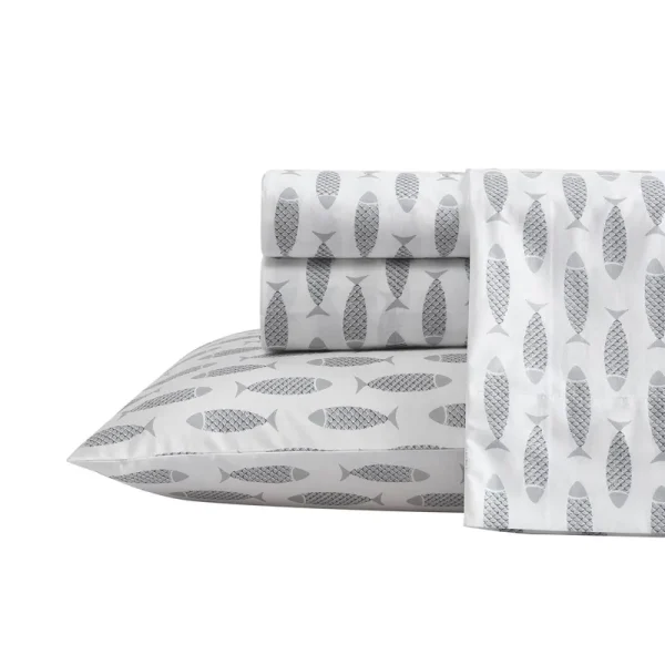 Nautica Woodblock Fish Cotton Percale 4-Piece Sheet Set, King - Gray