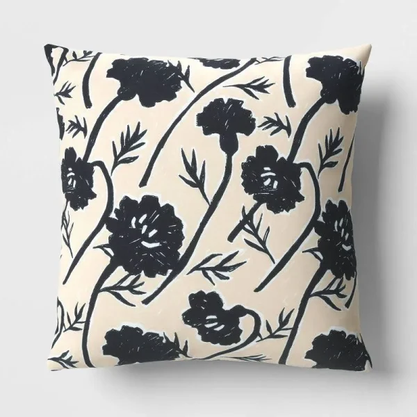 17"x17" Calendula Floral Square Outdoor Throw Pillow Tan/Black - Room Essentials