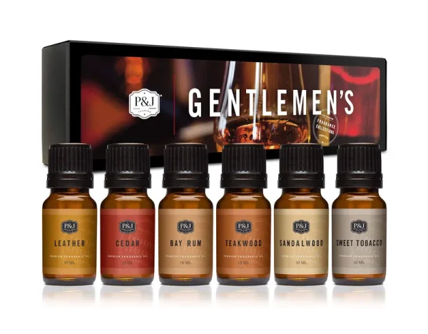 P&j Fragrance Oil Gentlemen's Set | Leather, Sweet Tobacco, Teakwood, Bay Rum, Cedar, Sandalwood Candle Scents for Candle Making, Freshie Scents, Soap
