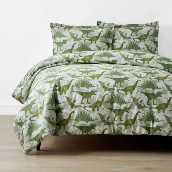 Company Kids Dino World Gray/Green Organic Cotton Percale Twin/Twin XL Duvet Cover Set