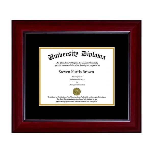 Single Diploma Frame with Double Matting for 14" x 11" Tall Diploma with Mahogany 1 5/8" Frame