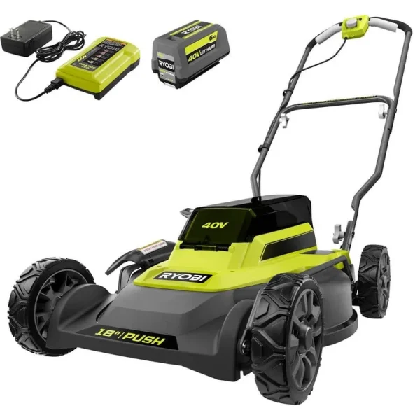 Ryobi 40-Volt 18 in. 2-in-1 Cordless Battery Walk Behind Push Lawn Mower with 6.0 Ah Battery and Charger RY401101
