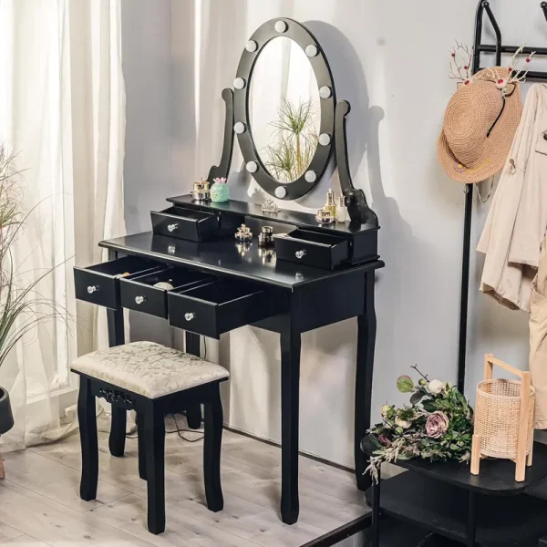 TROPOW Vanity Desk, Makeup Vanity, with Mirror and Lights, Vanity Desk with Mirror and Lights, Wood Makeup Dressing Table Stool with & Oval Mirror 3 Colors Lighting Modes Modern, Black