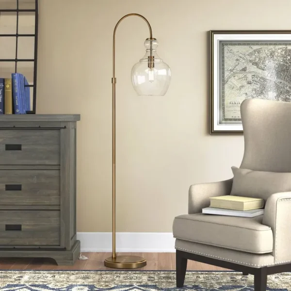 Alden 70" Arched Floor Lamp Beachcrest Home Base Finish: Brushed Brass, Shade Color: Seeded