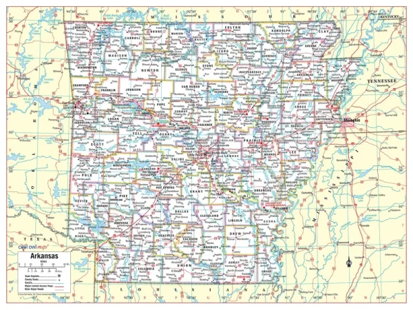 Arkansas State Wall Map Large Print Poster 32Wx24H (Laminated)