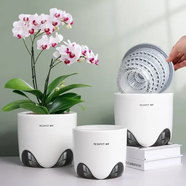Meshpot 5 inch Orchid Pots with Holes for Repotting,Set of 1,Double Layer Plastic Imitate Ceramic Orchid Planter Provide Good Air Circulation,Clear