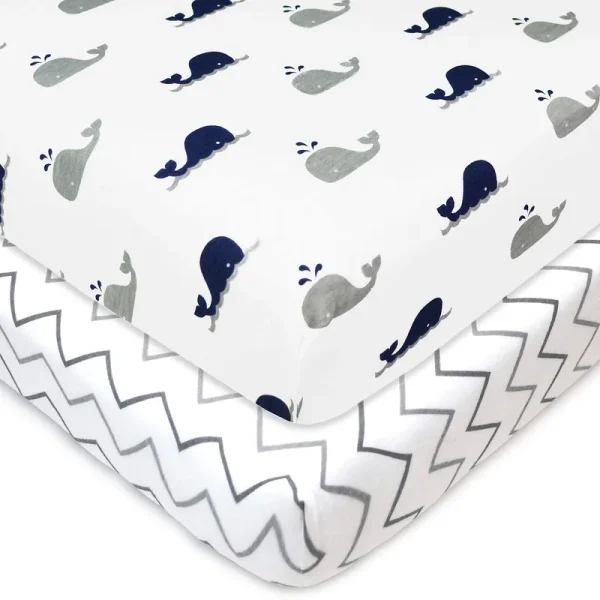 American Baby Company Printed 100% Natural Cotton Jersey Knit Fitted PortableMini-crib Sheet, Navy Whalegrey Zigzag, Soft Breath