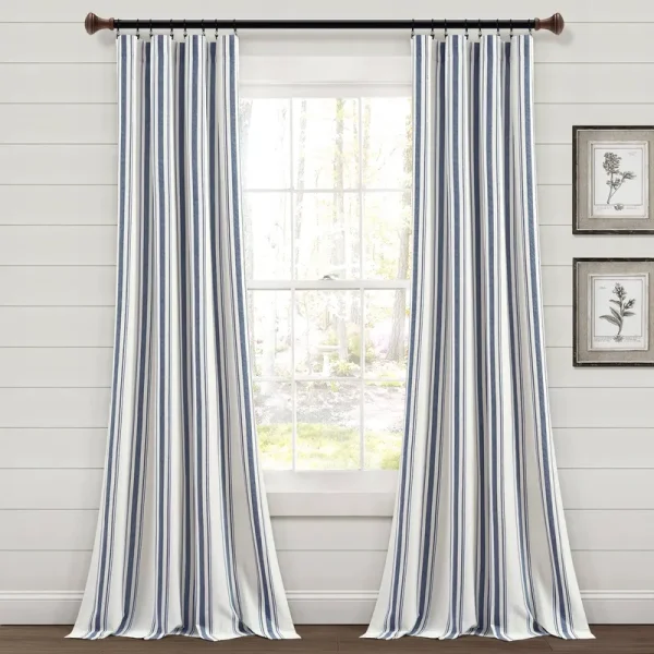 Lush Decor Farmhouse Stripe Yarn Dyed Cotton Window Curtain Panel Pair - 84" x 42" - Navy