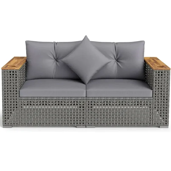 62.5" Patio Wicker Loveseat w/ Acacia Wood Armrests & Cup Holders, 2PCS Modular Rattan Corner Sectional Sofa w/ Cushions & Pillows for Backyard