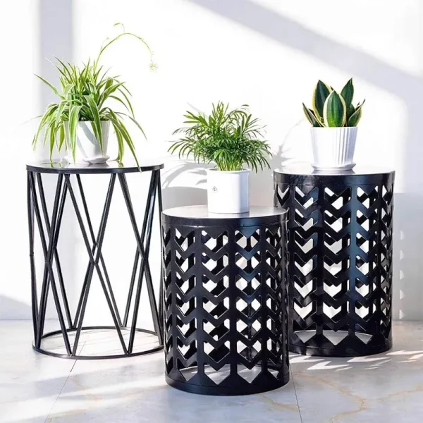 Y&M Set of 3 Nesting Metal Round Coffee Table, Side Table End Table for Indoor Outdoor Multifunctional Use, Heavy Duty Metal Plant Stand Garden Stool - Black