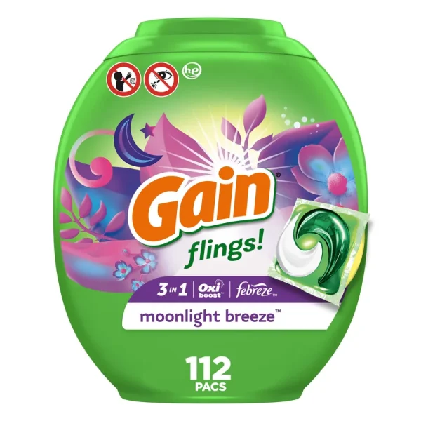 Gain Flings Laundry Detergent Pacs, Moonlight Breeze Scent - 112 ct