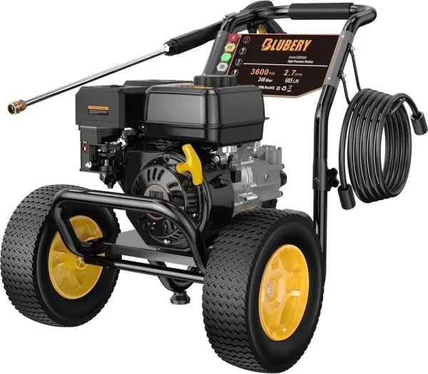 BLUBERY 3600 PSI Gas Pressure Washer, 2.7 GPM, 212CC, High Power Washer with Hose, Soap Tank & 5 Nozzles, Black