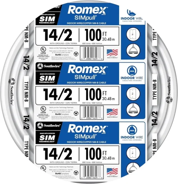 Southwire 100' 14/2 W Ground Romex Brand Simpull Residential Indoor Electrical Wire Type NM - B 28827423, White