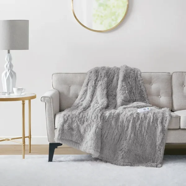 Serta Malea Shaggy Faux Fur Heated Throw - Grey