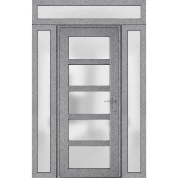 Front Exterior Prehung Metal - Plastic Door Frosted Glass / Manux 8002 Grey Ash / 2 Side and Top Window / Office Commercial and Residential Doors Entrance Patio Garage 60" x 94" Left - Hand Inswing