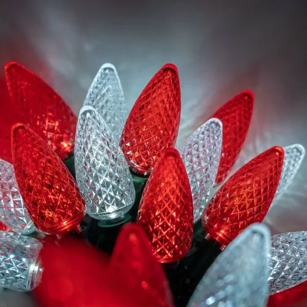 24 C9 Red, Cool White LED Christmas Lights, 8" Spacing
