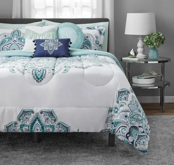 Mainstays Teal Medallion 10 Piece Bed in A Bag Comforter Set with Sheets, Queen