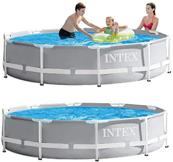 Intex 10 Feet Round Prism Metal Frame Above Ground Outdoor Backyard Swimming Family Pool for Kids and Adults Ages 6 and Up, Gray