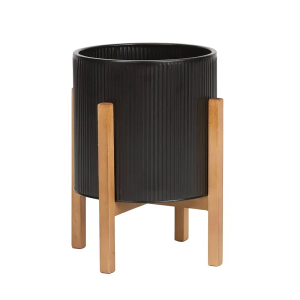 Everett Black Mid-Century Modern Planter with 4-Leg Wood Base - 14.75" H x 12" W