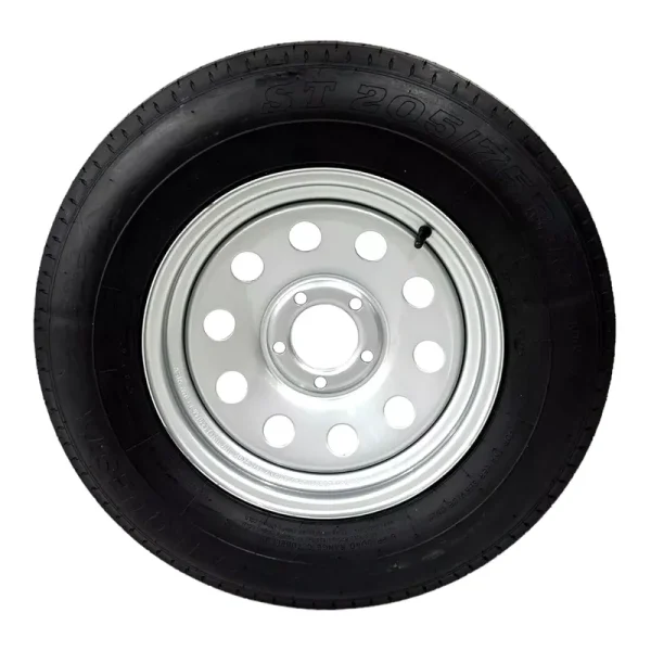 ST205/75R15 TRAILQUEST RADIAL TRAILER TIRE ON RIM, LOAD RANGE C 6 PLY, ON 5 LUG SILVER MODULAR STYLE WHEEL WITH 5x4.5" BOLT PATTERN. REPLACES F78 OR D15 - INCLUDES WARRANTY