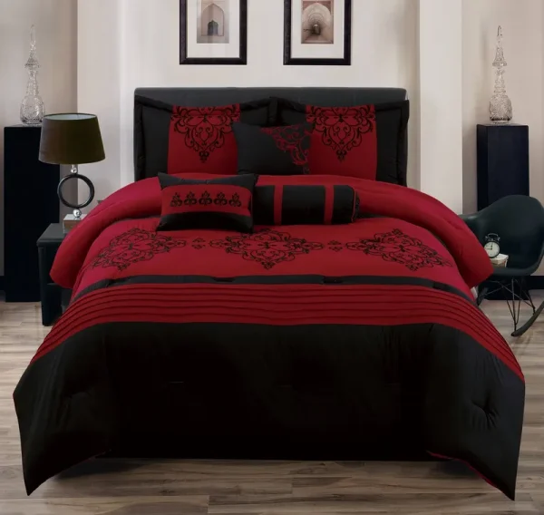 Empire 8 Piece Red & Black Oversized Flocking Comforter Set (Queen)