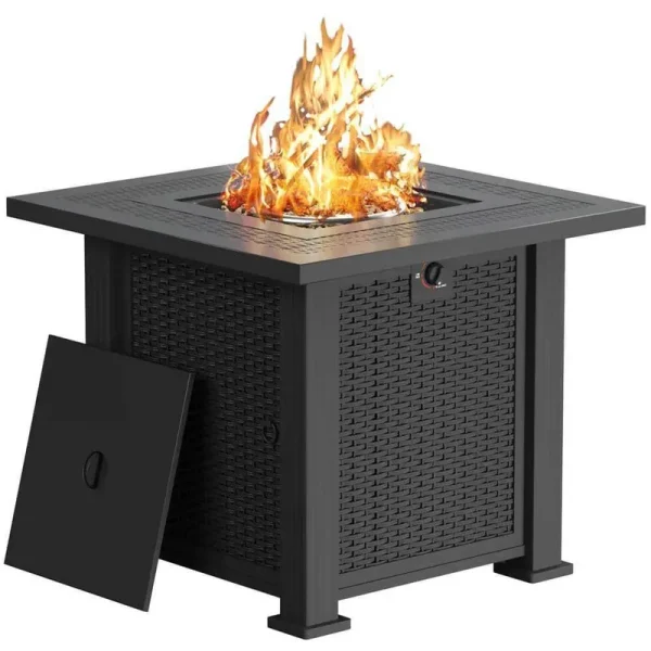 Propane Fire Pits 28 in. Outdoor Gas Fire Pit Table 50000 BTU Steel with Lid and Lava Rock Black