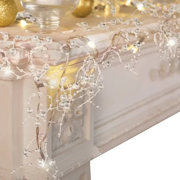 Collections Etc Indoor Christmas Decorations, Festive Lighted Berry Beaded Garland Silver- 120"L