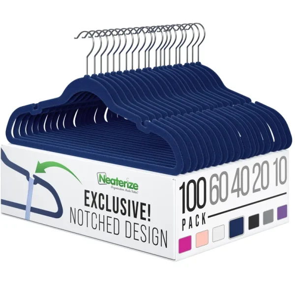 NEATERIZE Velvet Clothes Hangers (20, 40, 60, 100 Packs) Heavy Duty Durable Coat and Clothes Hangers Vibrant Color Hangers Lightweight Space Saving Laundry