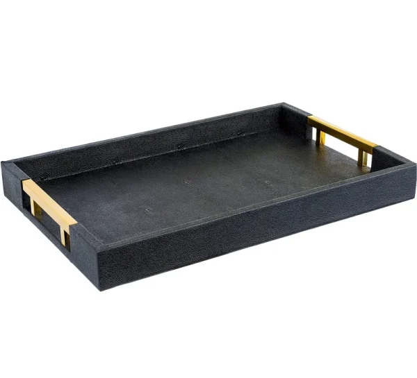 Home Redefined 18x12 Rectangle Glossy Shagreen Faux Leather Decorative Serving Tray with Gold Polished Metal Handles, Black, Size: 18 x 12 x 2