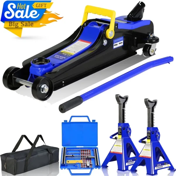 POVANLI Floor Jack, 2 Ton Low Profile Floor Jack, 3t Jack Stand Tire Repair Kit Heavy Duty Steel Racing Floor Jack with Single Piston Quick Lift Pump, Floor Jack Lifting Range 3.3" - 15.2"