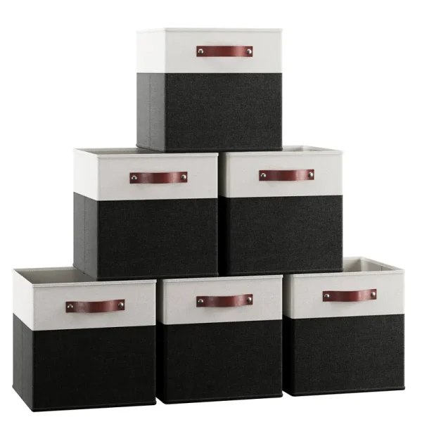 Ornavo Home Foldable Linen Storage Cube Bin with Leather Handles - Set of 6 - White, Black