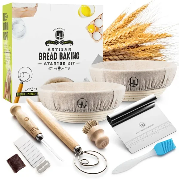 LHU Sourdough Start Kit - Sourdough Bread Baking Supplies 2 Banneton Bread Proofing Basket Bowls, 2 Cloths, Whisk, Bread Lame, Dough Scraper, 2