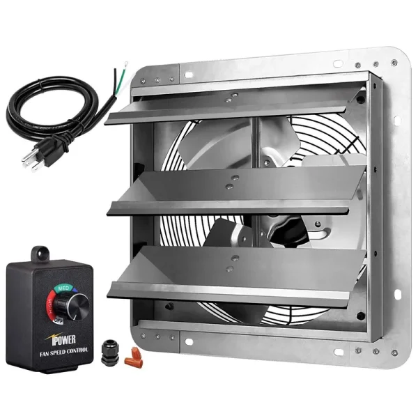 iPower 12 inch Variable Shutter Exhaust Fan with Speed Controller and Power Cord Kit, 1620RPM, 1600 CFM, Silver