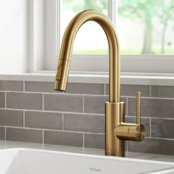 Kraus Oletto Single Handle Pull Down Gooseneck Kitchen Sink Faucet, Gold Finish