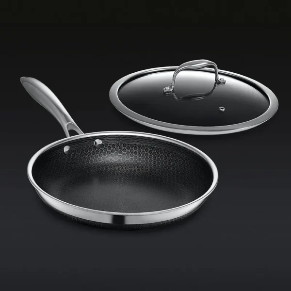 HexClad 10 inch Hybrid Stainless Steel Frying Pan with Glass Lid, Nonstick