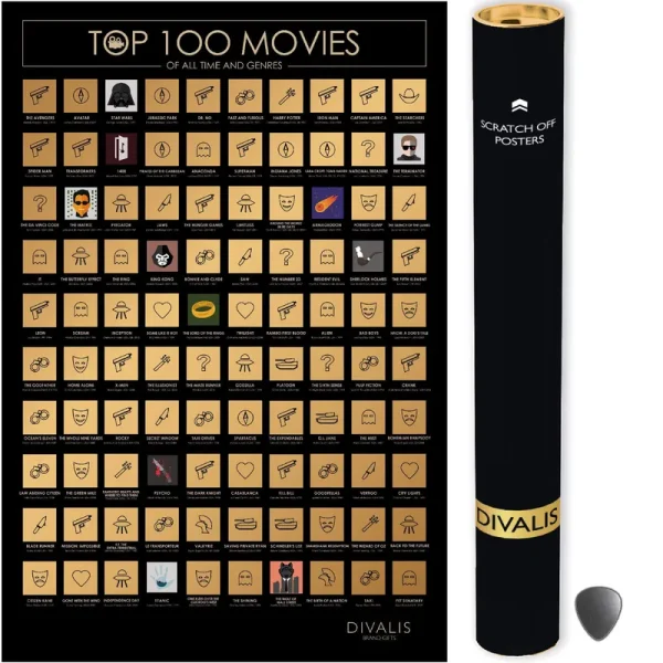 Top 100 Movies Scratch Off Poster - Bucket List of Greatest Films to Watch - Scratchable Cinema Checklist Poster - Must See Movie Challenge Calendar