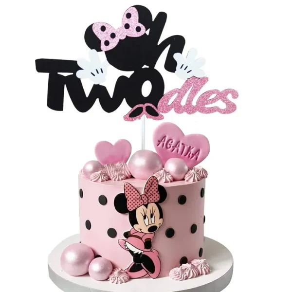 Pink Mouse Birthday Cake Topper,glitter Pink Bow Mouse Happy Birthday Cake Decoration for Mouse Baby Shower Girl Birthday Party Supplies