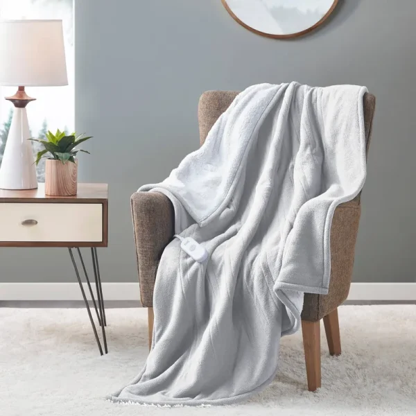 Serta Fleece to Sherpa Heated Throw - Light Grey