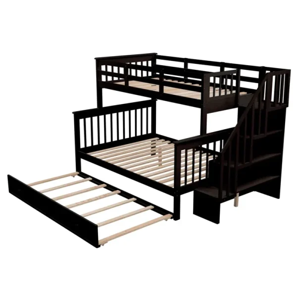 AECOJOY Twin-Over-Full Bunk Bed with Twin size Trundle, Storage and Guard Rail for Bedroom, Espresso