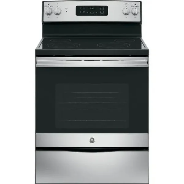 Ge® Appliances 30" Free - Standing Electric Range Model JB645RKSS in Stainless Steel. APPROXIMATE DIMENSIONS (Hxwxd) 47 Height x 29 7/8 Width x 28 Dimension In. Two 9"/6" Power Boil Elements, Self - Clean Oven and Dual - Element Bake