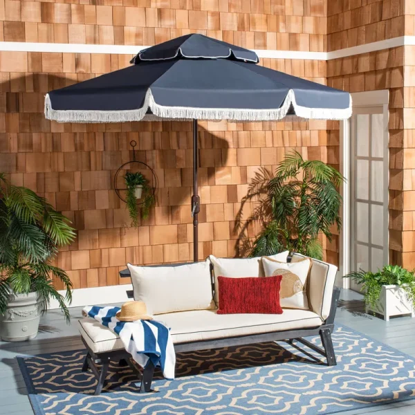 Safavieh Milan Fringe 9ft Double Top Crank Umbrella ,Navy/White