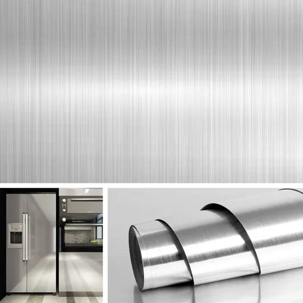 Livelynine Brushed Nickel Vinyl Peel and Stick Wallpaper Decorative Stainless Steel Wall Paper for Countertops Kitchen Cabinets Appliances Dishwasher