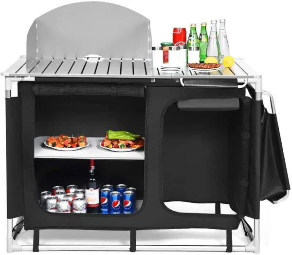 Portable Camping Kitchen Table. Camping Grill Table w/Windscreen & Storage Organizer. Outdoor Kitchen Cook Station with Basin for BBQ. Party. Picnics. Backyards. BBQ Table