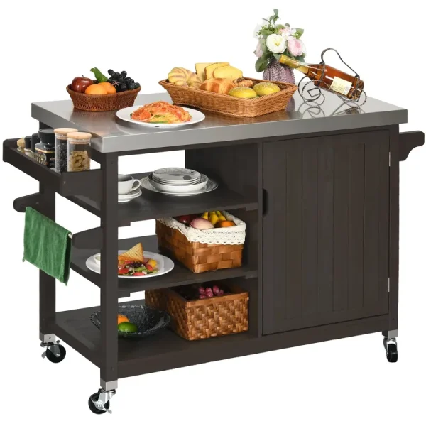 Dextrus Grill Carts Outdoor with Storage Cabinet and Wheels, Solid Wood Movable Dining Cart Table, with Stainless Steel Top, Spice Rack, and Side Handle, Kitchen Island with Storage or Bar Cart, Brown