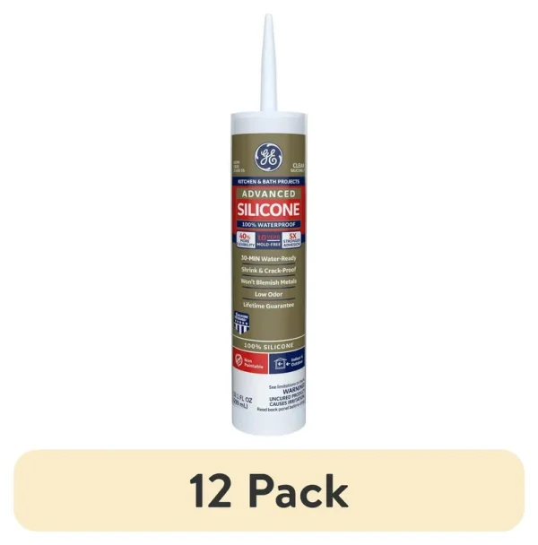 (12 Pack) GE Advanced Silicone Kitchen & Bath Sealant. Pack of 1. Clear 10.1 Fl Oz Cartridge