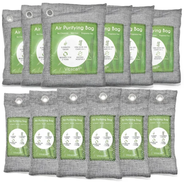 Vitscan 12 Pack Bamboo Charcoal Air Purifying Bag, Activated Charcoal Bags Odor Absorber, Moisture Absorber, Natural Car Air Freshener, Shoe
